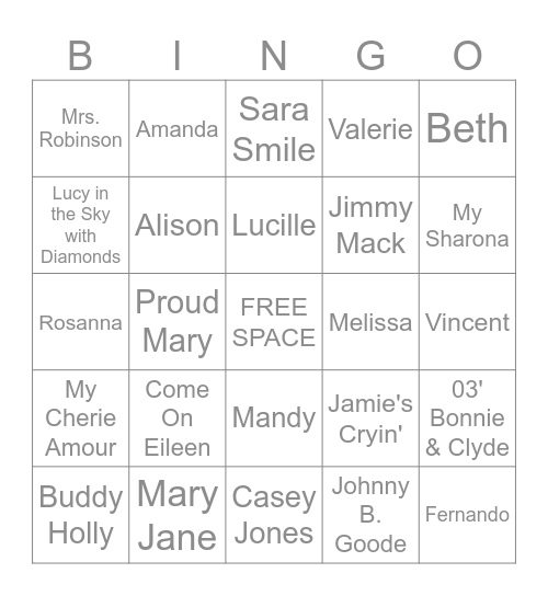 Music Bingo #50 Names Bingo Card