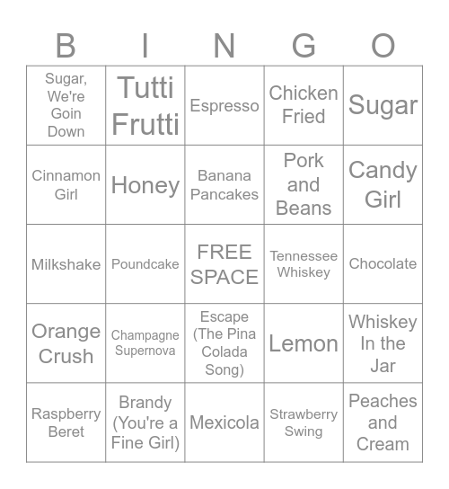 Music Bingo #51 Food Bingo Card