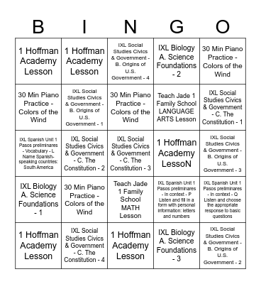RUBY 9/30 to 10/4 Bingo Card