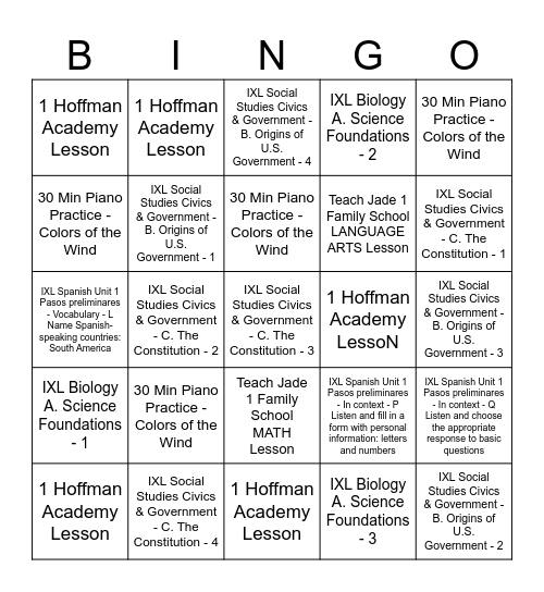 RUBY 9/30 to 10/4 Bingo Card