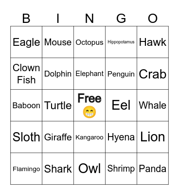 Animal Bingo Card
