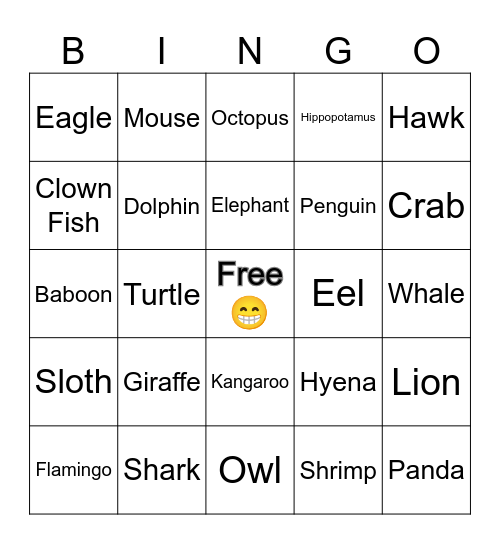Animal Bingo Card