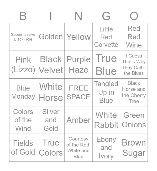 Music Bingo #52 Colors Bingo Card