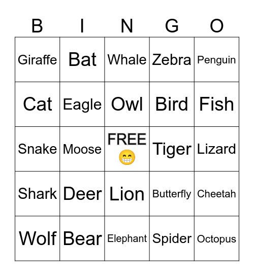 Animal Bingo Card