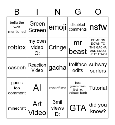YT Shorts Bingo Card