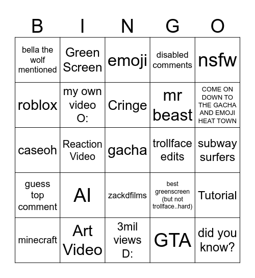 YT Shorts Bingo Card