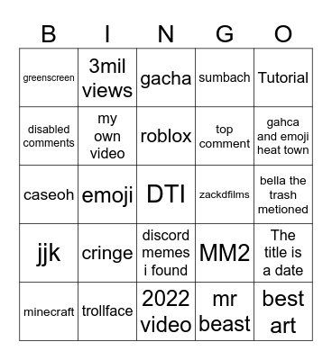 YouTube shorts Bingo Card