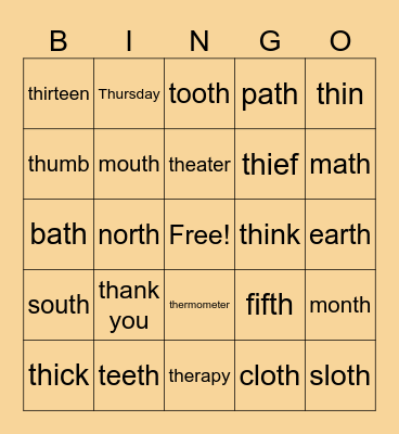 voiceless /th/ initial & final Bingo Card