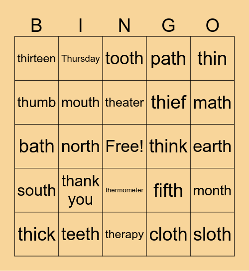 voiceless /th/ initial & final Bingo Card