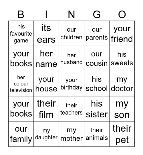 posessive pronouns Bingo Card