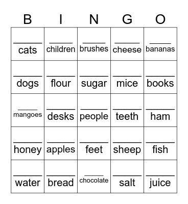Countables(many), Uncountables(much) Bingo Card