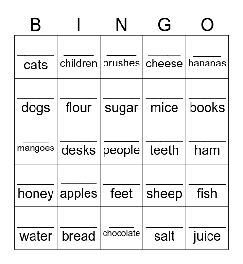 Countables(many), Uncountables(much) Bingo Card