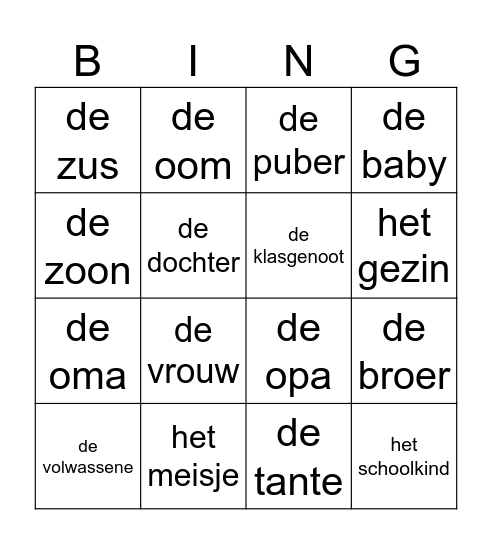 mijn familie Bingo Card