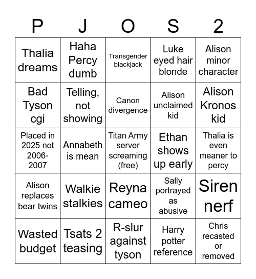 PJO S2 Bingo Card