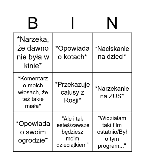 Moja mame Bingo Card