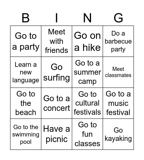 SUMMER Bingo Card