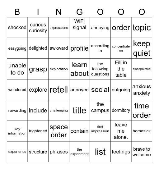 Welcome Unit   必会题1 name： ----------- Bingo Card