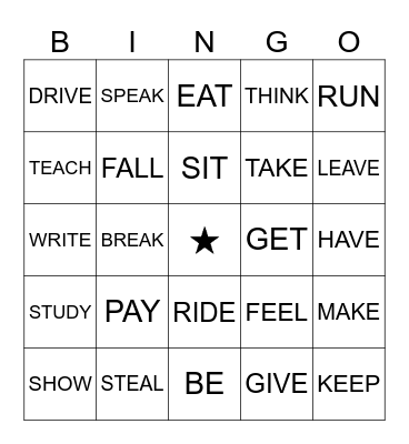 Irregular Verbs Bingo Card