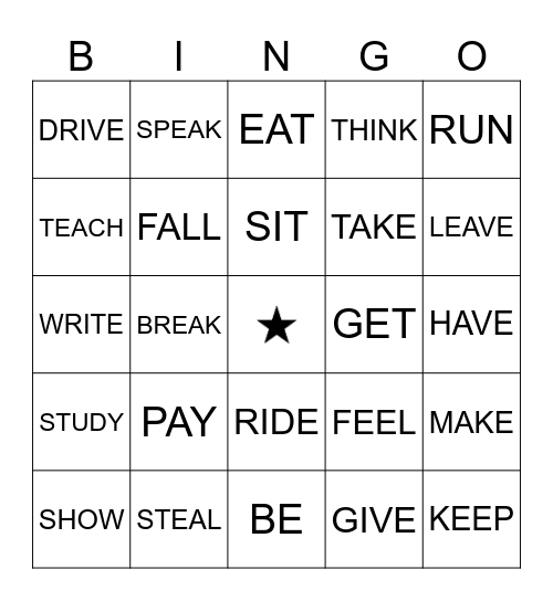 Irregular Verbs Bingo Card