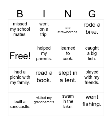 My summer holidays Bingo Card