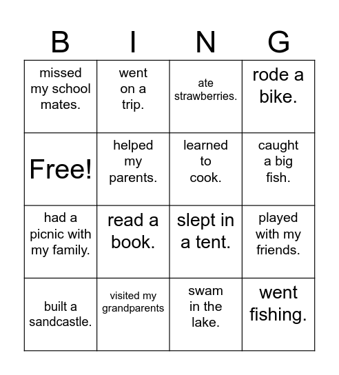 My summer holidays Bingo Card