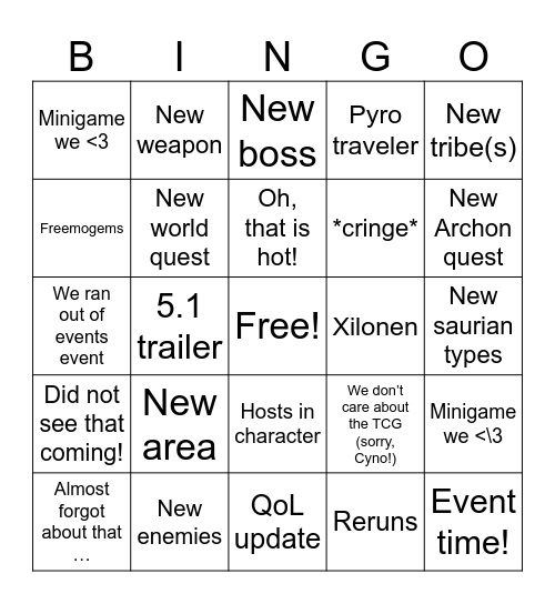 Genshin 5.1 Bingo Card