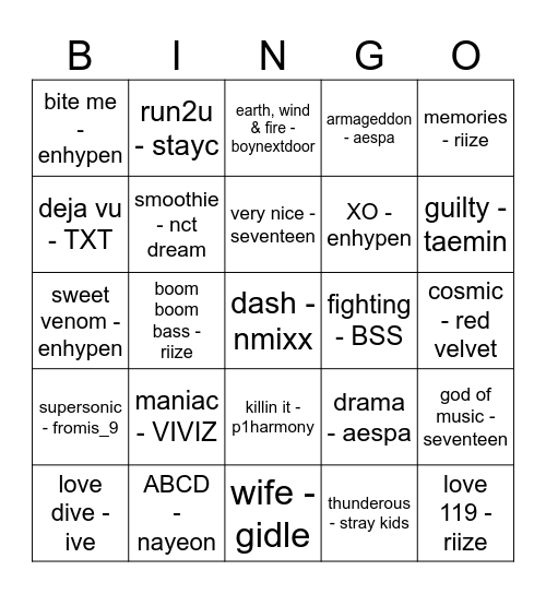 kpop soc music bingo Card