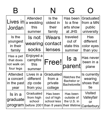 Jordan Schools Human Bingo Card