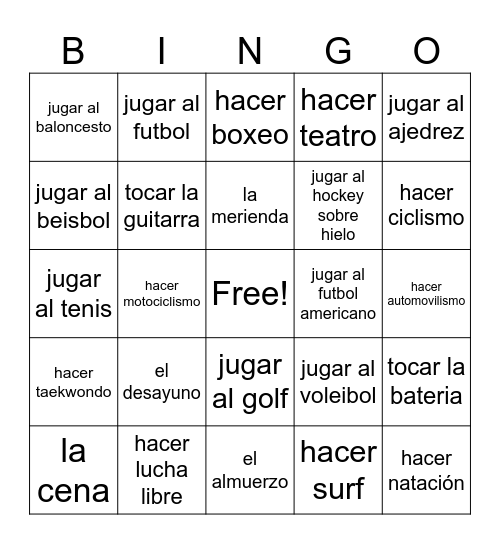 Las actividades extraescolares Bingo Card