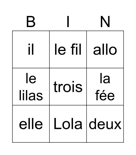 Les mots de la semaine Bingo Card