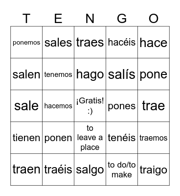 TENGO: Verbos yo-go Bingo Card