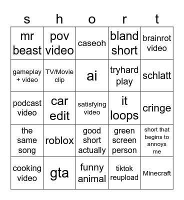 Youtube shorts bingo Card