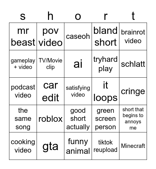 Youtube shorts bingo Card