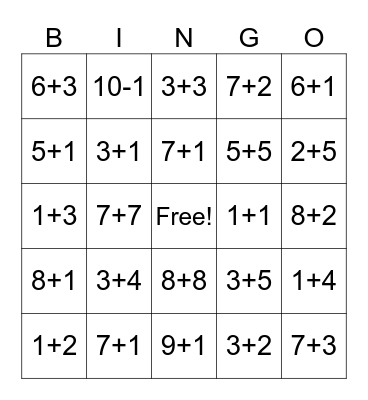 Addition Bingo Card
