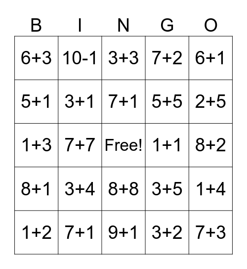 Addition Bingo Card