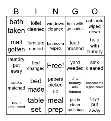 Liberty's Chores Bingo Card