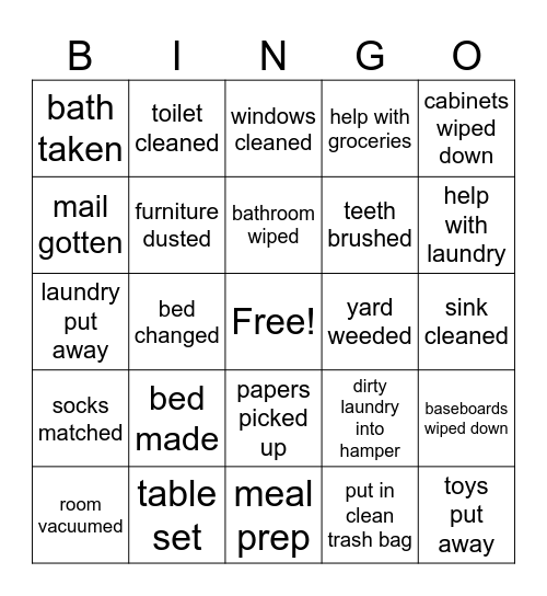 Liberty's Chores Bingo Card