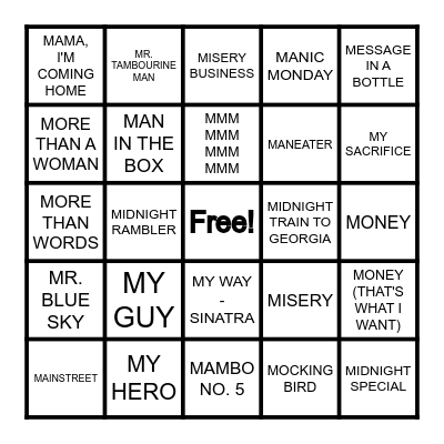 BEST LETTER "M" SONGS Bingo Card