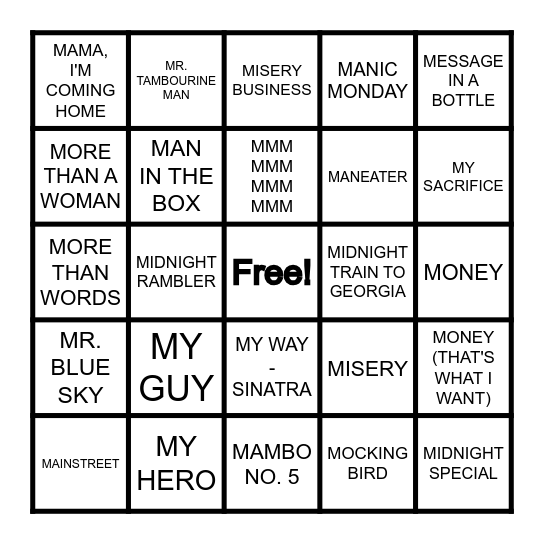 BEST LETTER "M" SONGS Bingo Card