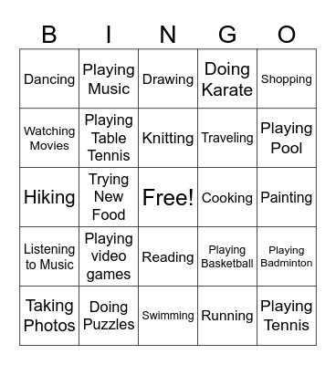 Hobbies Bingo Card