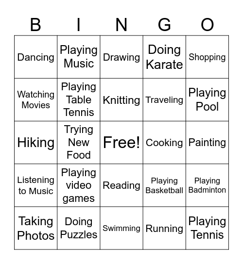 Hobbies Bingo Card