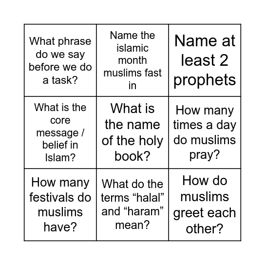 Islamic Bingo Card