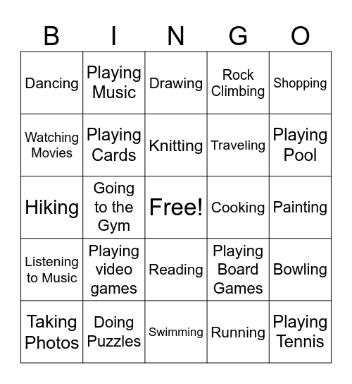 Hobbies Bingo Card