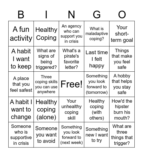 Weekend Safety Planning Bingo Card