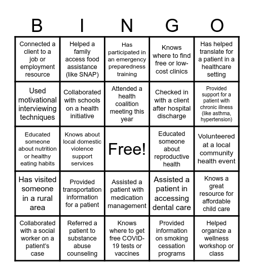 CHW Bingo Card