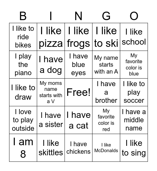 Getting to know you Bingo Card