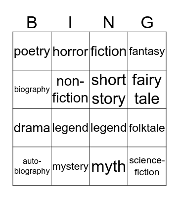Literature Genres Bingo Card