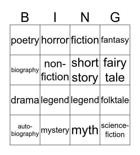 Literature Genres Bingo Card