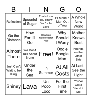 Disney Song Bingo #1 Bingo Card