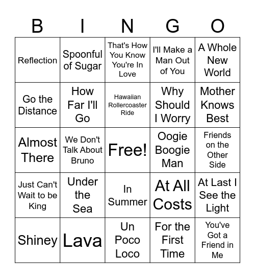 Disney Song Bingo #1 Bingo Card